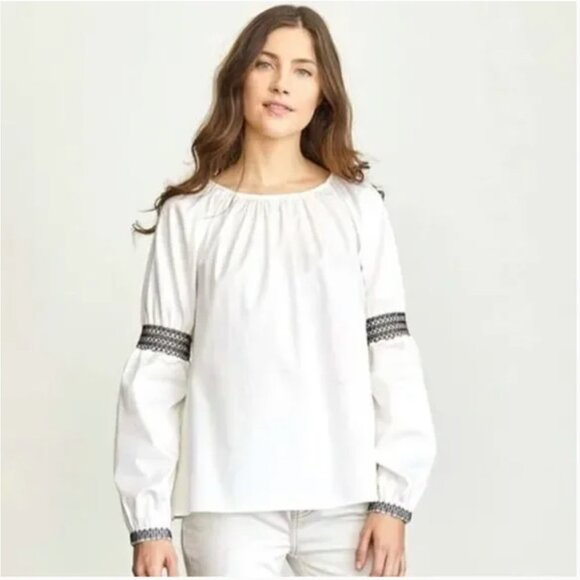 Elizabeth & James Top Womens Peasant White Embroidered Smocked Sleeve Boho Large - Picture 1 of 11
